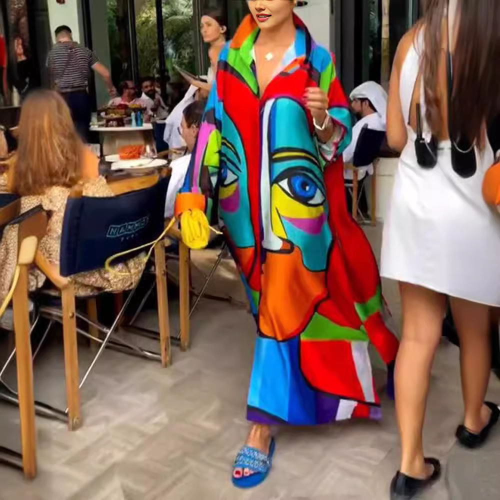 Women's Loose Colorful V-Neck Button Long Sleeve Dress