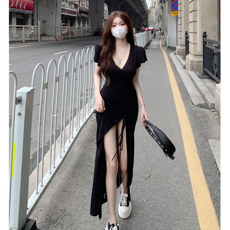 Sexy V-Neck Slit Bodycon Midi Dress with Drawstring