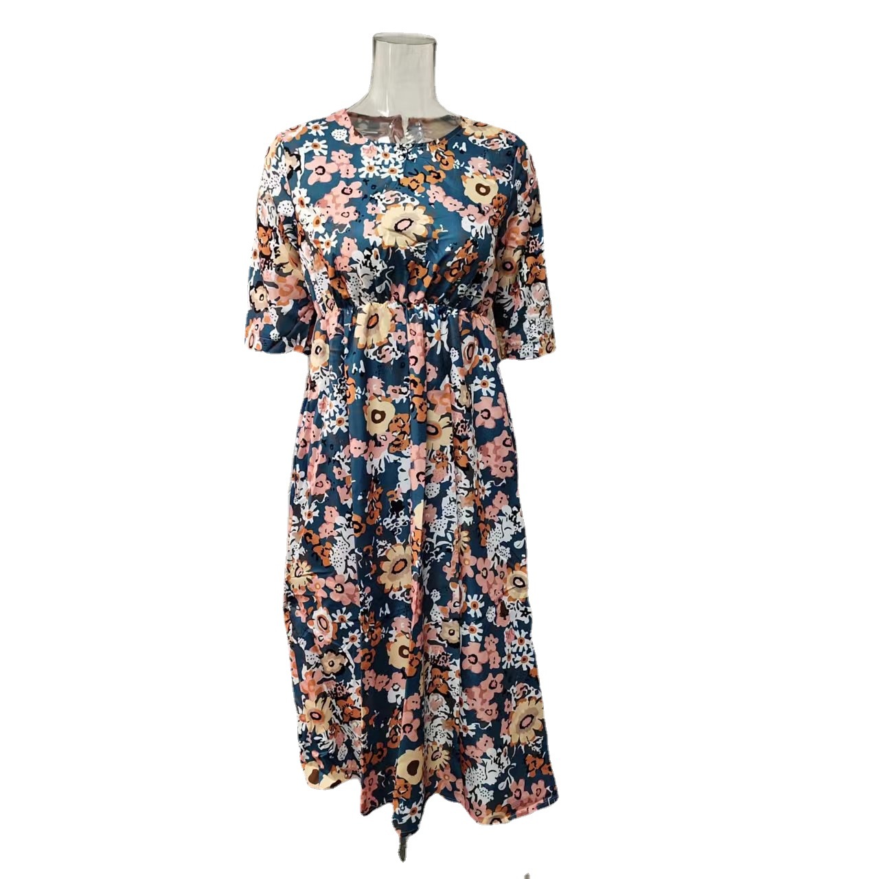 Women's Floral Print Round Neck Pullover Maxi Dress