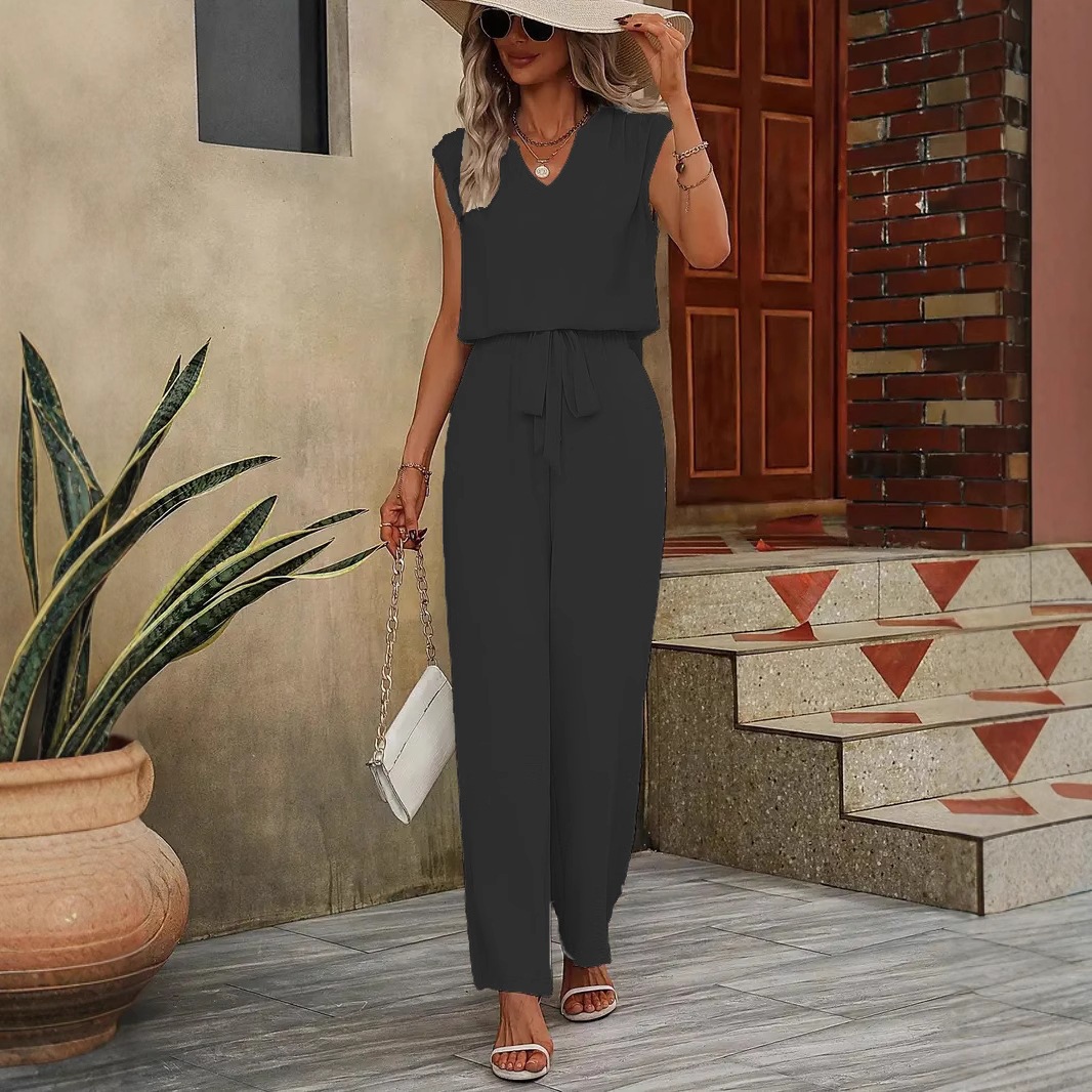Solid Sleeveless V-Neck Loose Top and Tie-Waist Wide-Leg Pants Casual Women's Set