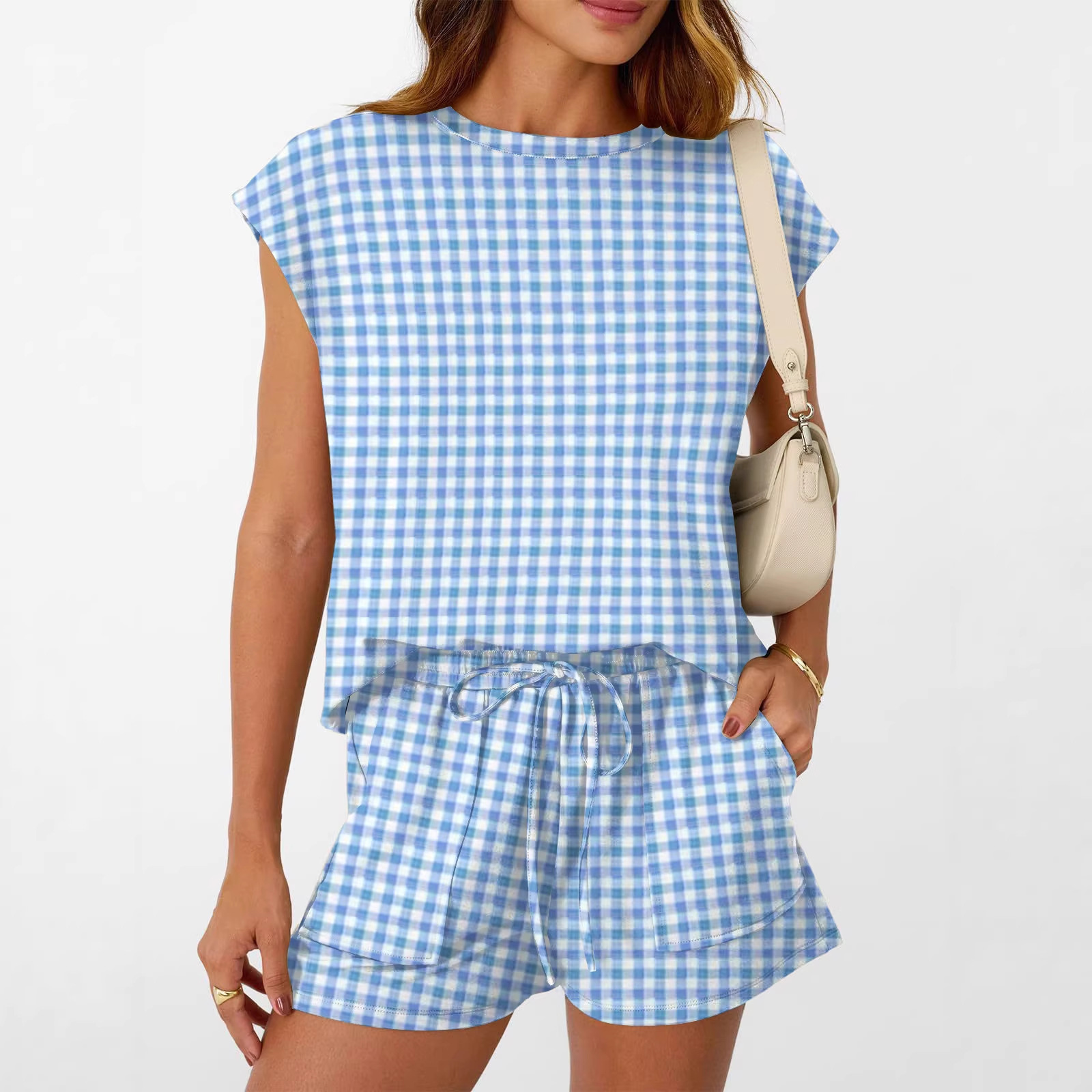 Plaid Sleeveless T-Shirt & Drawstring Shorts Set