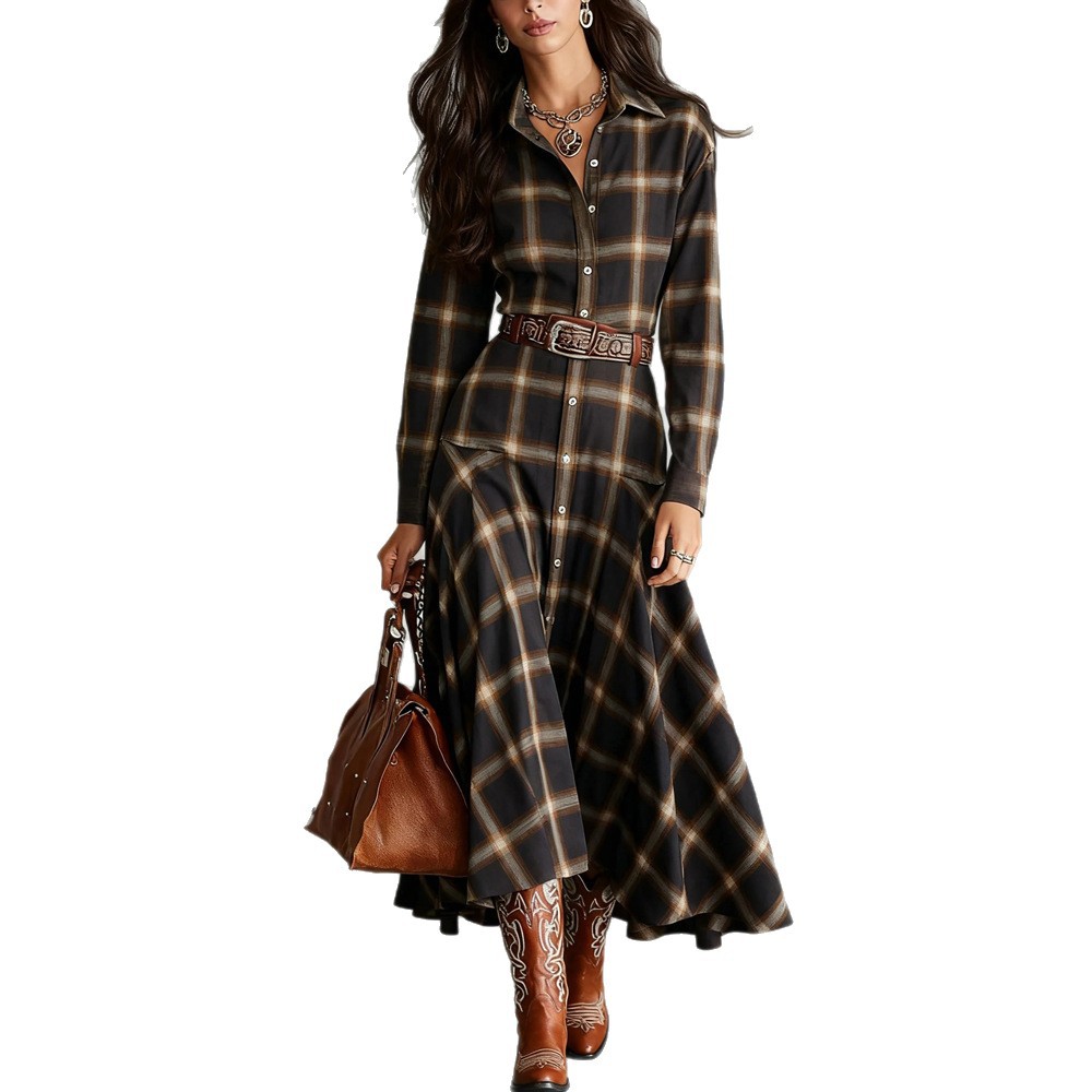 Women's Retro Plaid Long Sleeve Shirt Dress