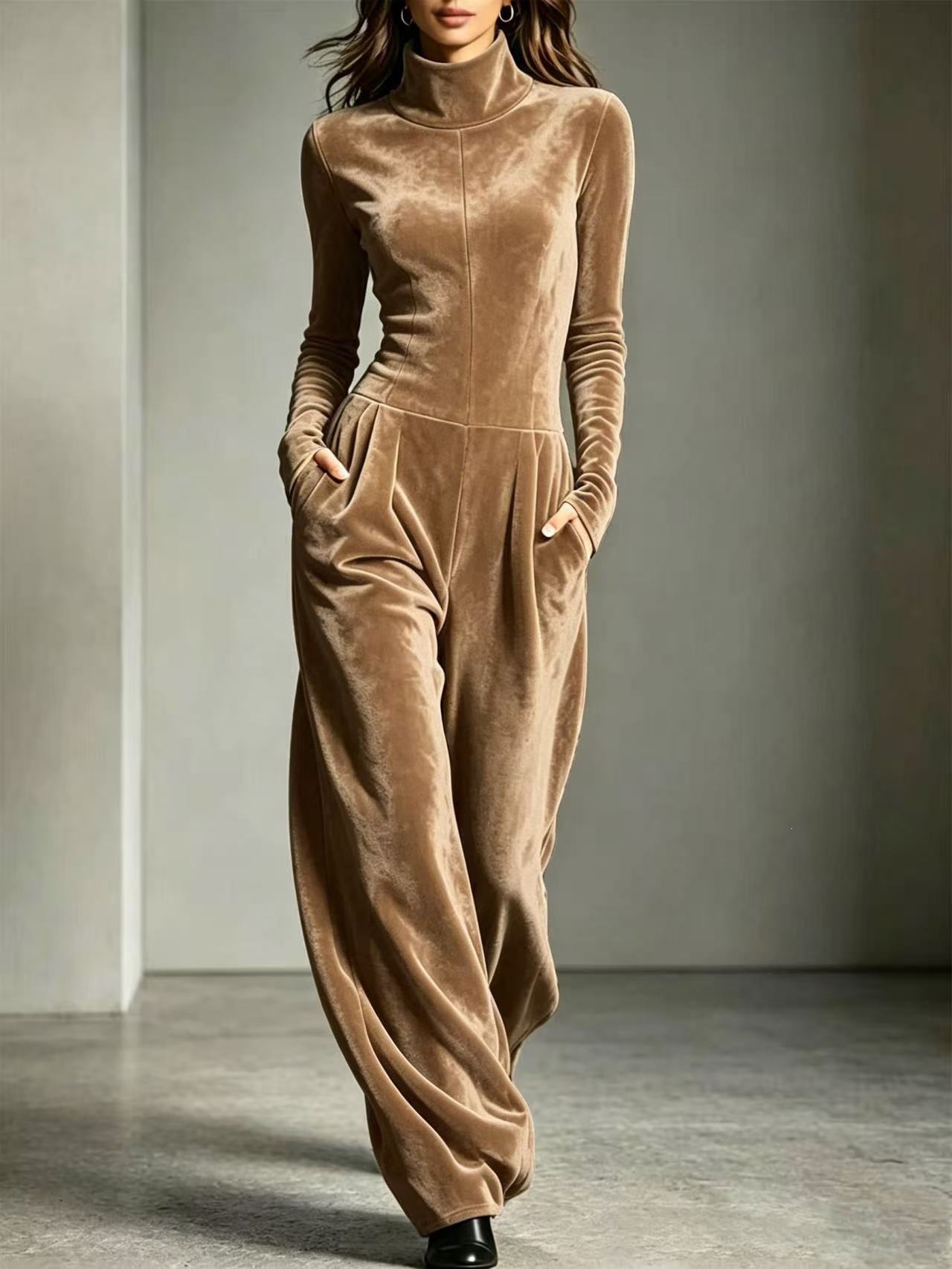 Women's Turtleneck Solid Color Korean Velvet Long Sleeve Jumpsuit