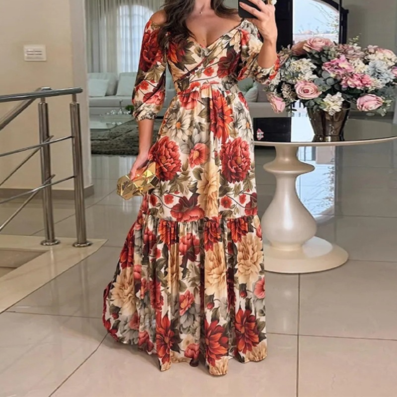 Women's Pleated Floral Print Maxi Dress with V-Neck and High Waist