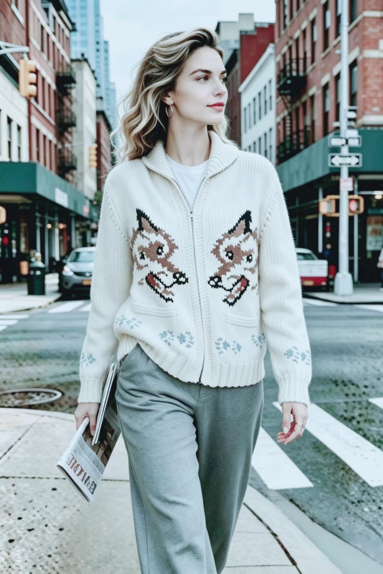 Retro Double Wolf Jacquard Zip-Up Knit Cardigan Women's Loose Lazy Sweater