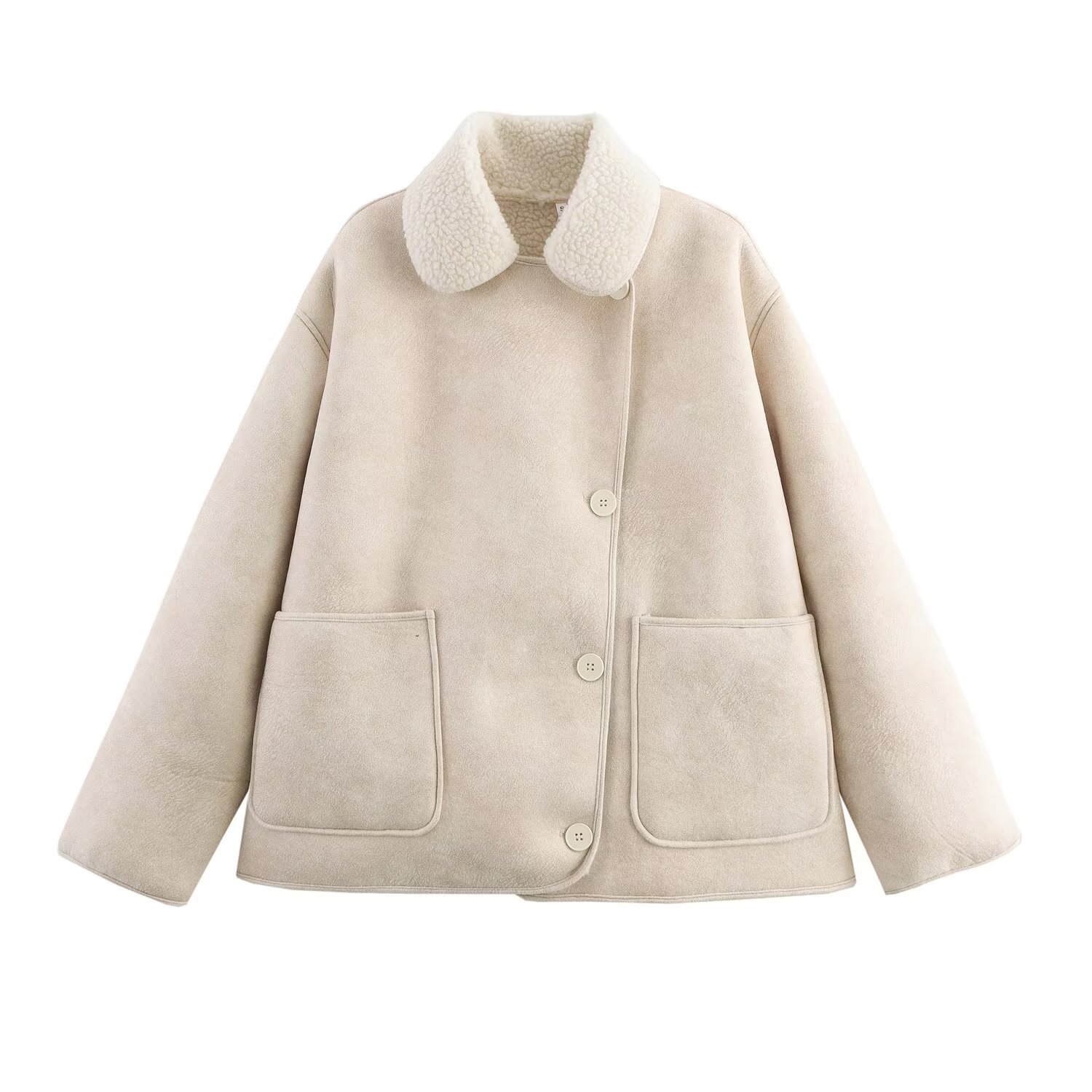 Women's Faux Fur & PU Color-Block Lapel Collar Long Sleeve Jacket Coat