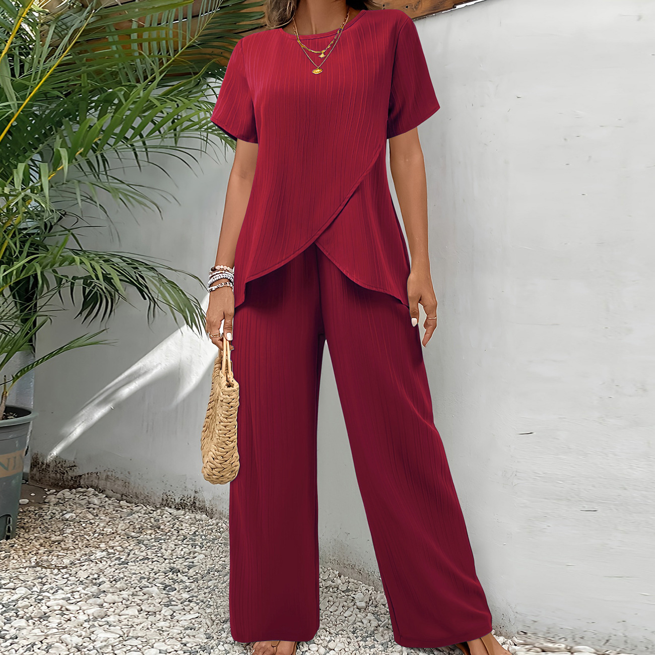 Women's Casual Cross-Front Asymmetric Wide-Leg Pants Set Plus Size Summer