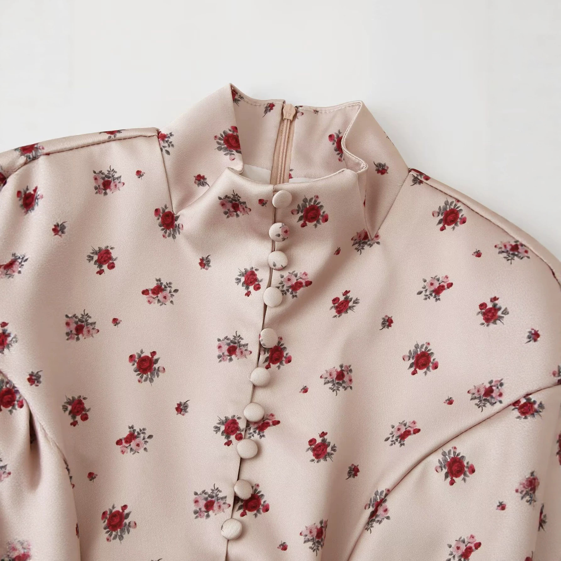 Elegant Satin Floral Print Button-Front Slit Long Dress