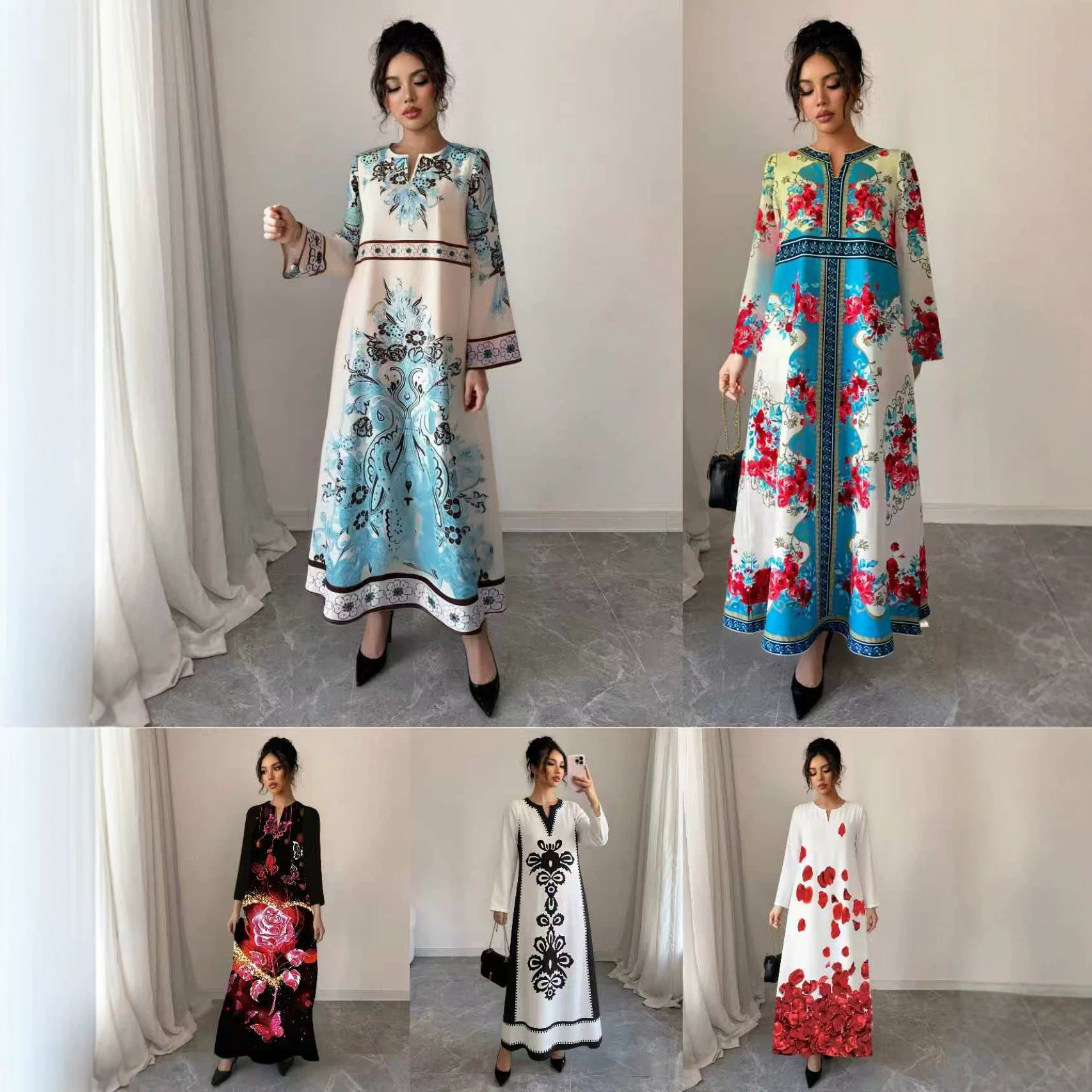 High-Saturation Colorblock Print Long Dress Loose Flattering A-Line V-Neck