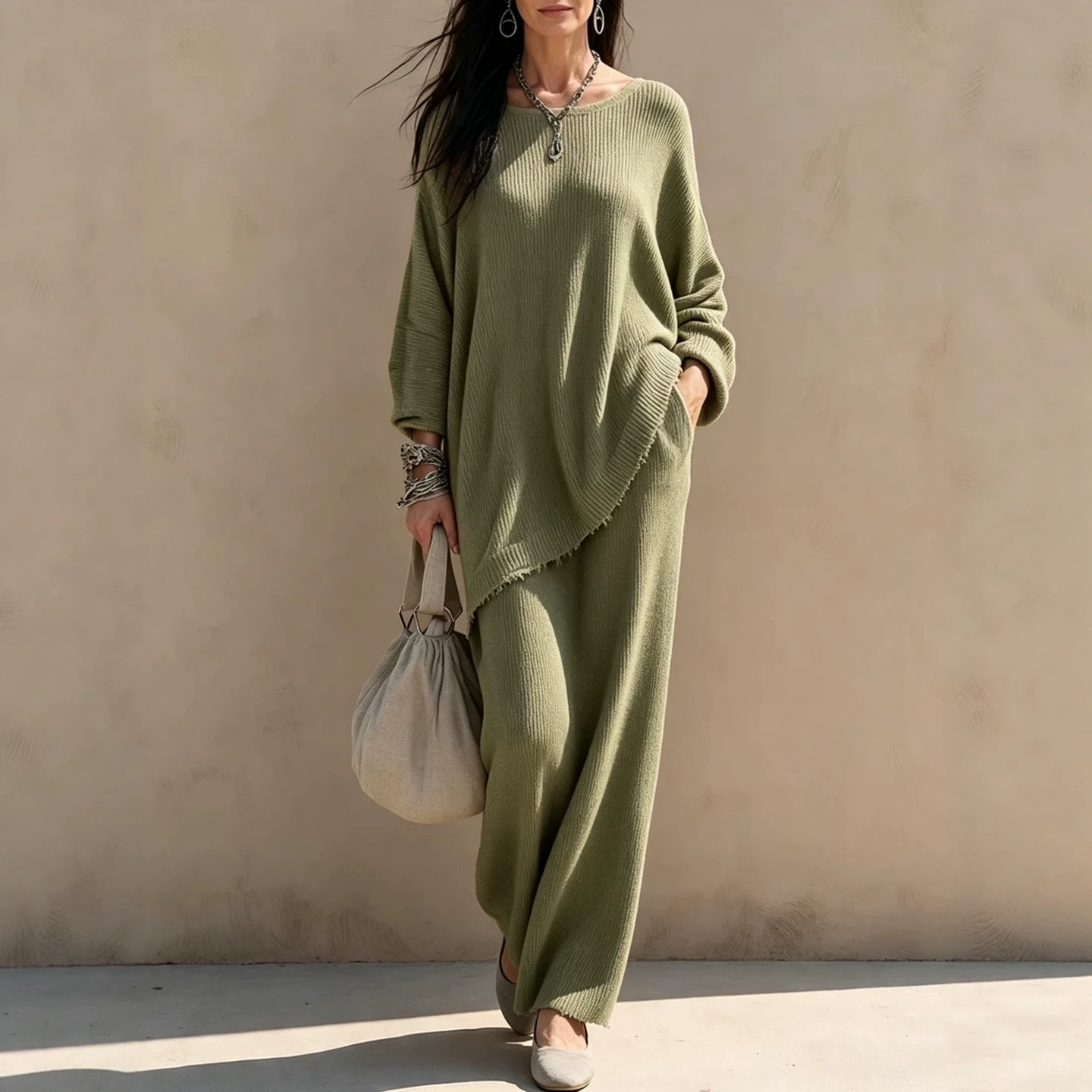 Women's Knit Two-Piece Sweater and High-Waist Midi Skirt Set