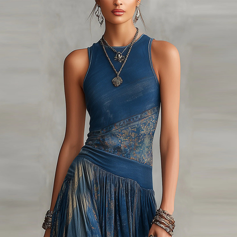 Digital Print Sleeveless A-Line Midi Dress with Round Neck