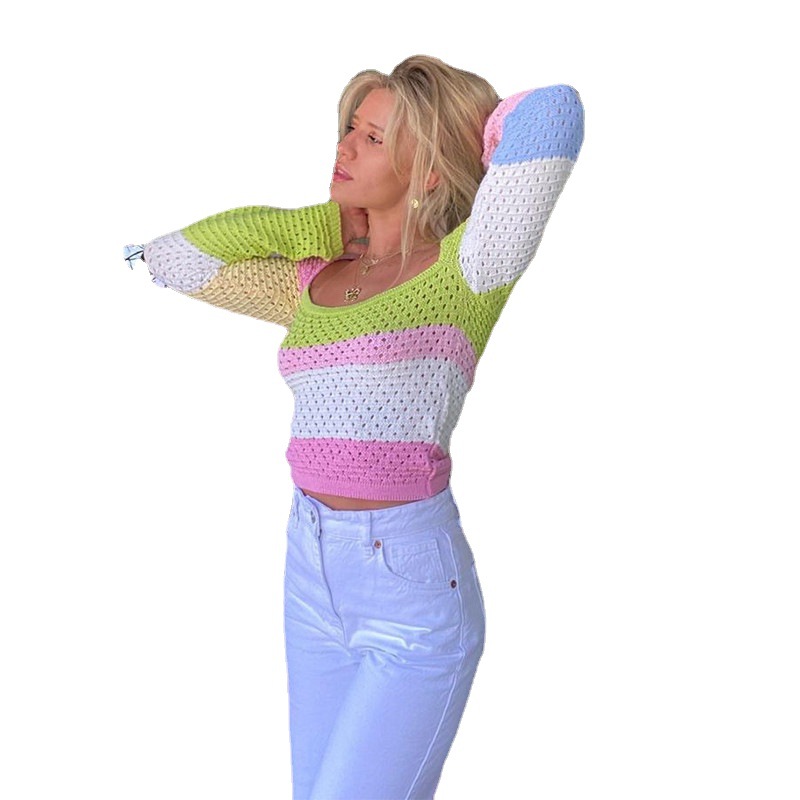 Women's Colorblock Open-Knit Long-Sleeve Top