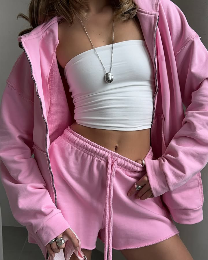 Women's Solid Color Long Sleeve Hooded Drawstring Sweatshirt and Shorts Set