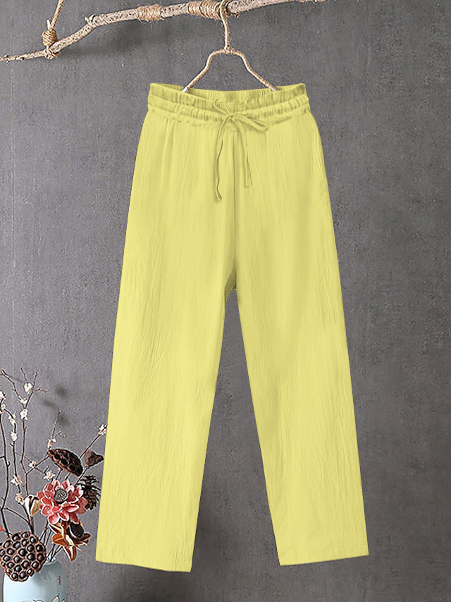Women's Cotton Linen Wide Leg Pants Elastic Waist Solid Color Loose Fit