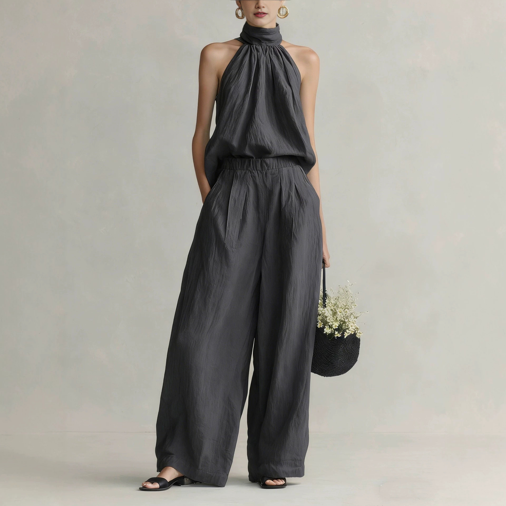 Women's Sleeveless Round Neck Top and Pants Set