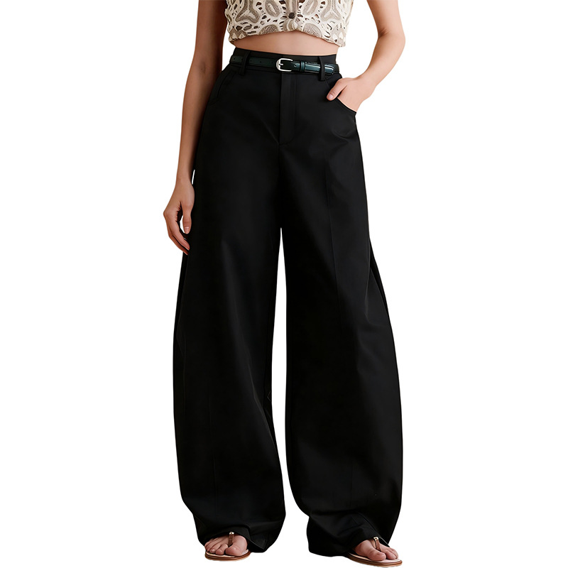 Women's Solid Curved Wide-Leg Pants Loose Straight Casual Trousers