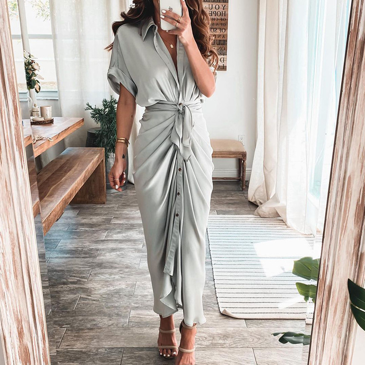 Elegant Short Sleeve Solid Knot High Waist A-Line Long Dress
