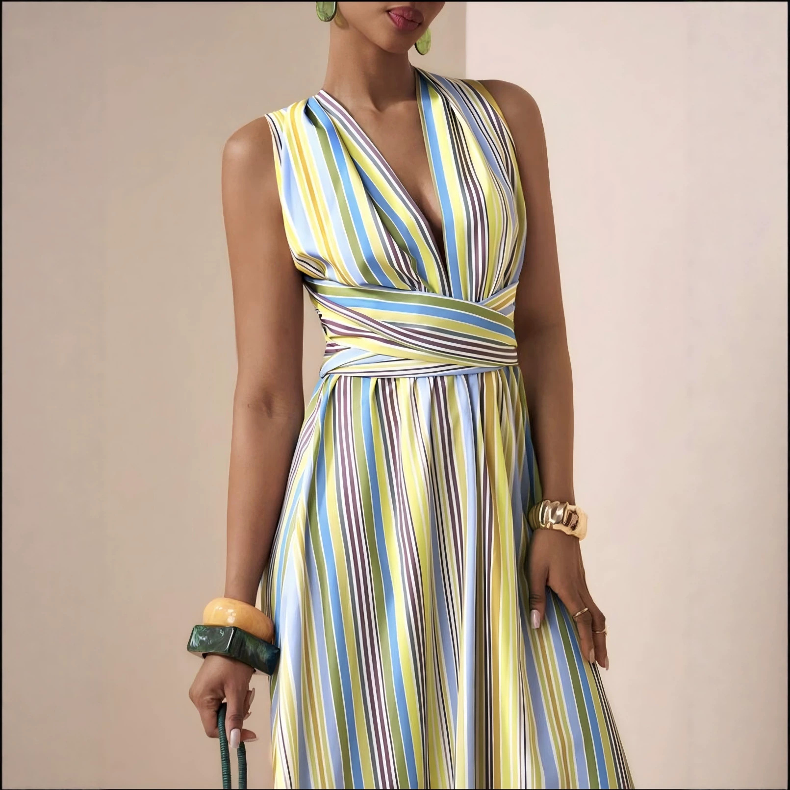 Striped Sleeveless V-Neck A-Line Midi Dress