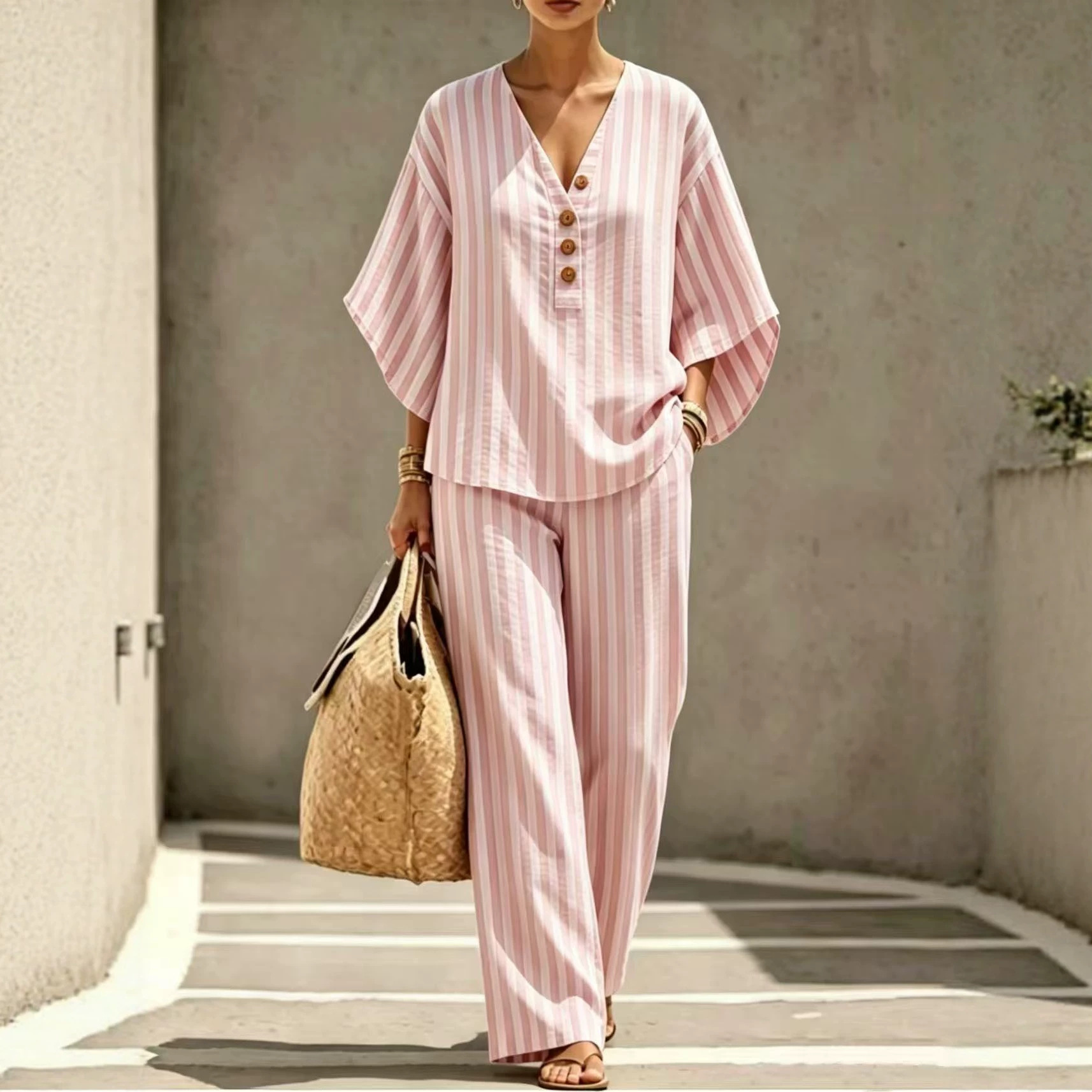 Women's Striped Print Three-Button Pant Set with Mid-Sleeve Top