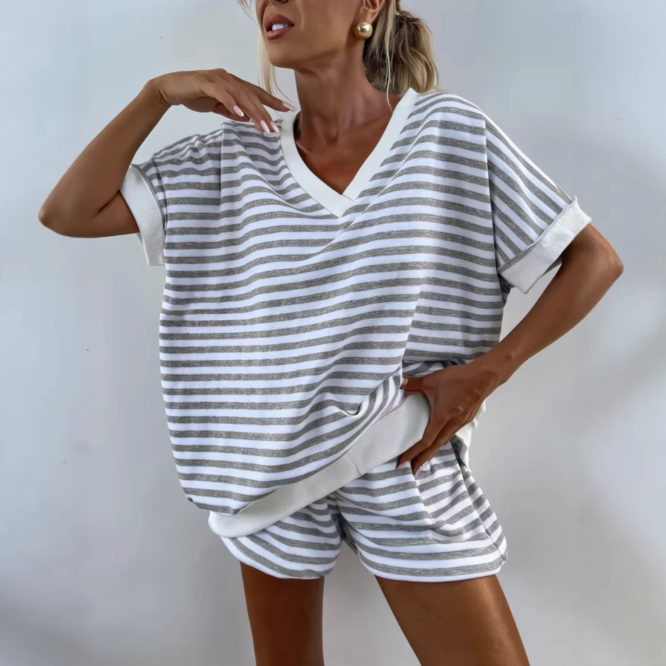 Women's Striped Short Sleeve V-Neck Loose Top and Shorts Two-Piece Set