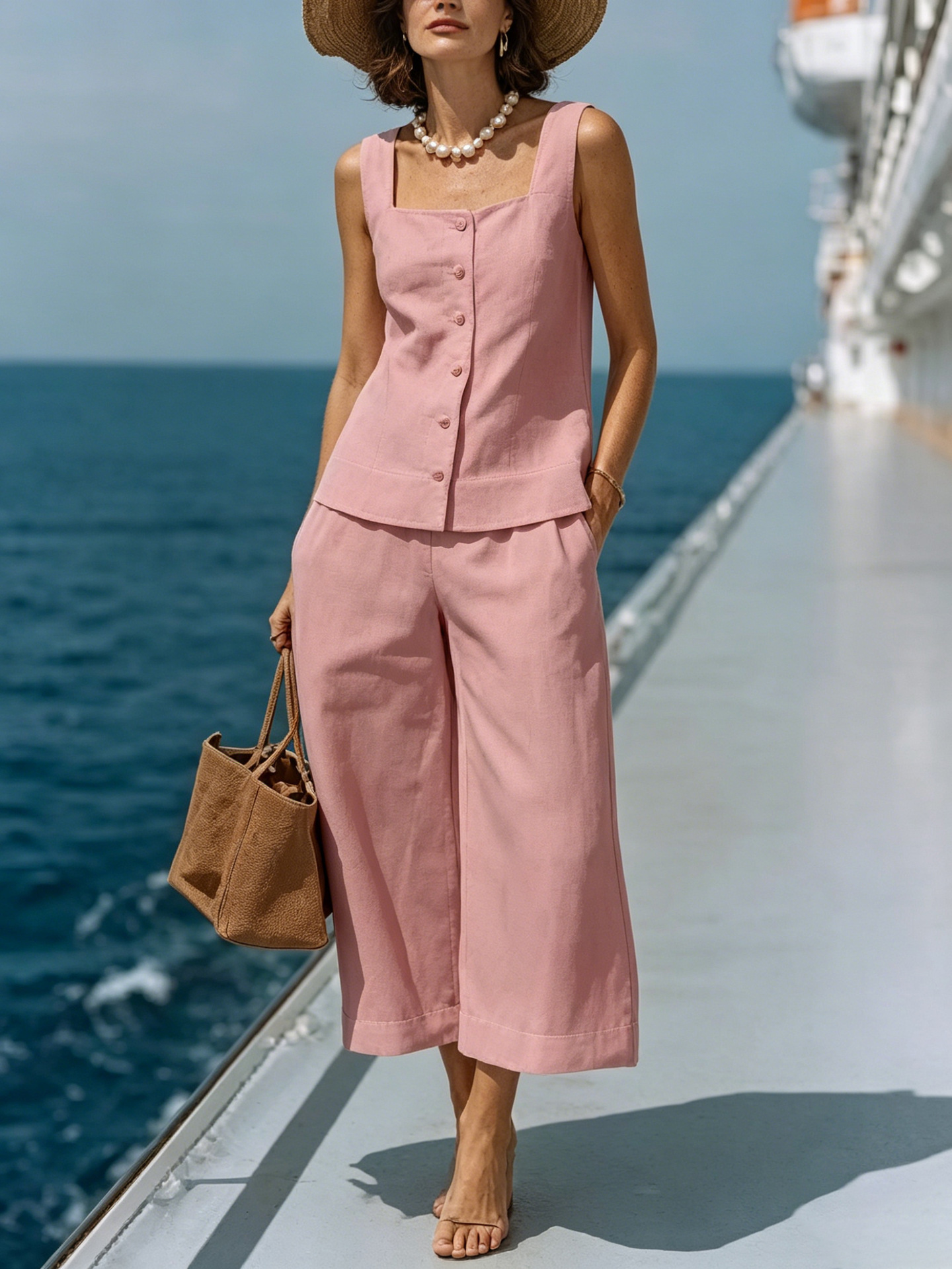 Solid Button Square Neck Sleeveless Top and Pants Two-Piece Set