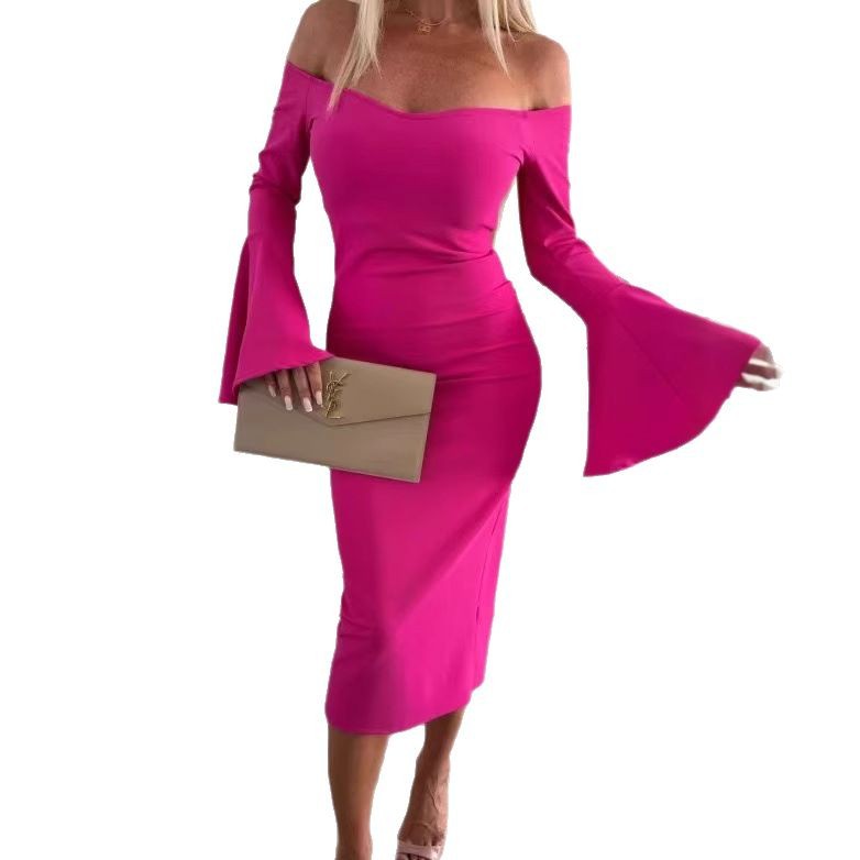 Solid Color Split Neck Trumpet Sleeve Dress