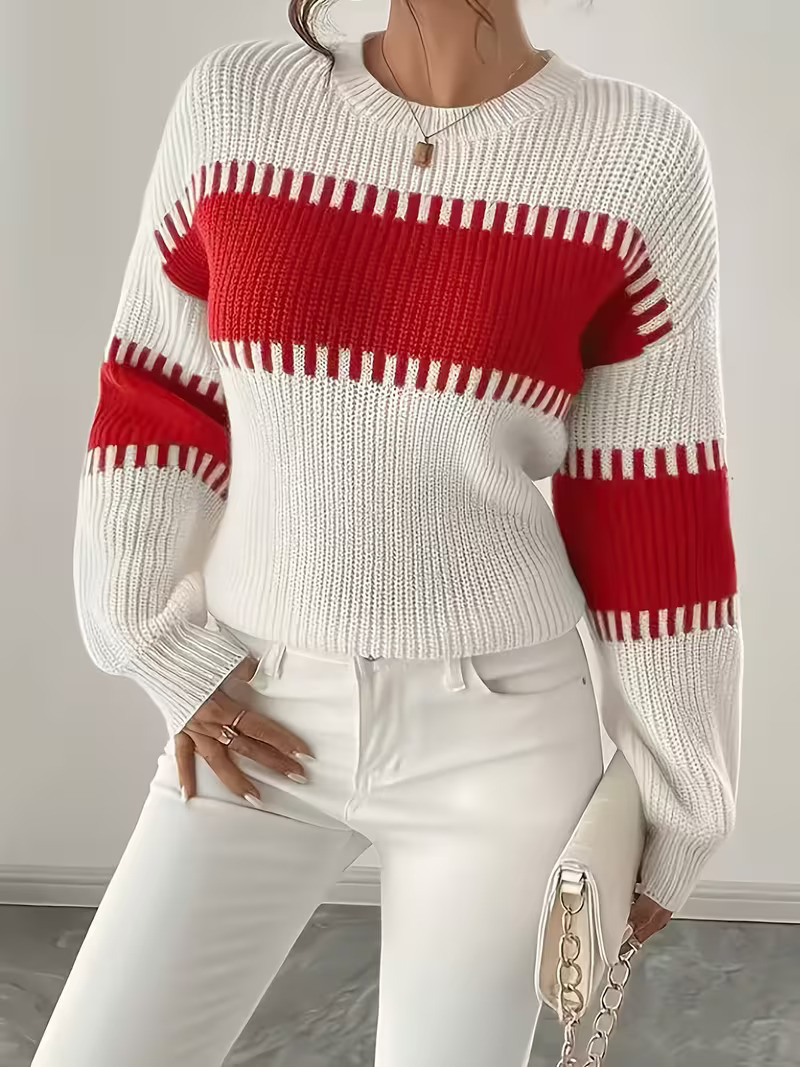 Women's Casual Striped Drop Shoulder Long Sleeve Sweater Colorful Striped Pullover