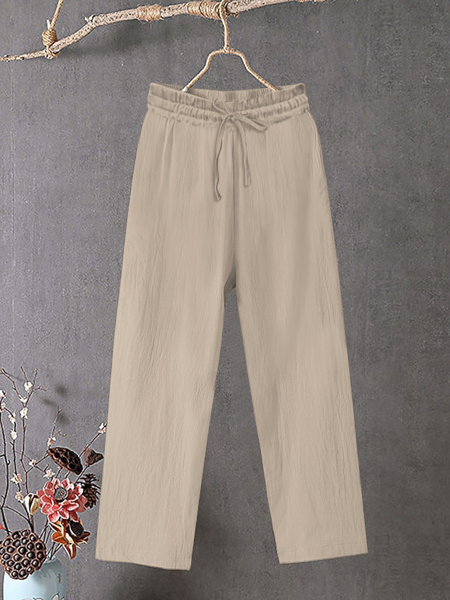 Women's Cotton Linen Wide Leg Pants Elastic Waist Solid Color Loose Fit