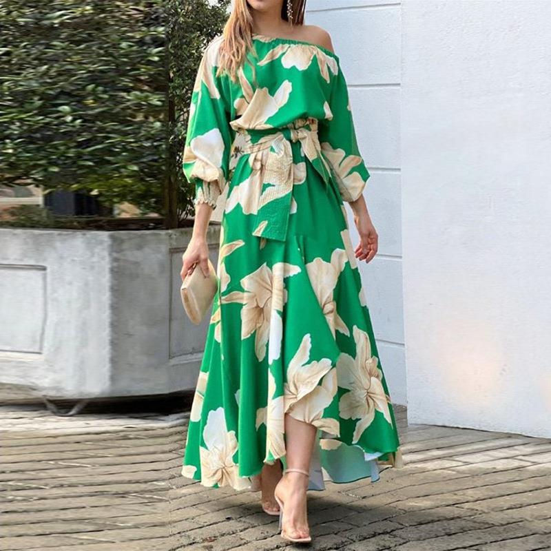 Women's Printed One-Shoulder Waist-Cinched Dress