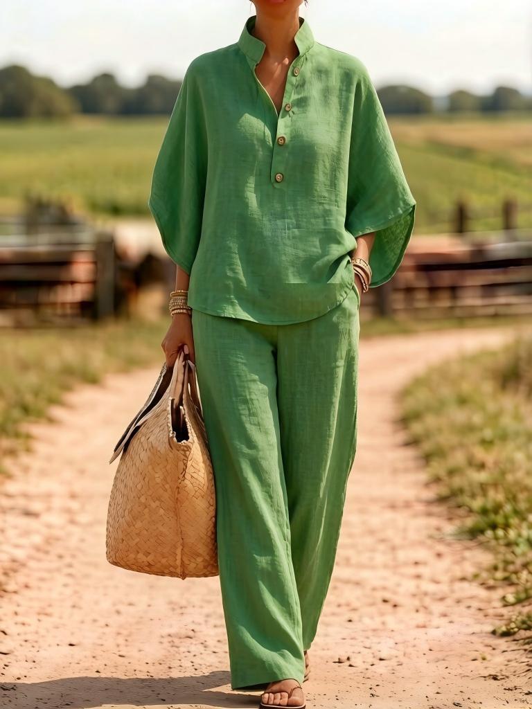Women's Casual Button Shirt and Wide-Leg Pants Two-Piece Set