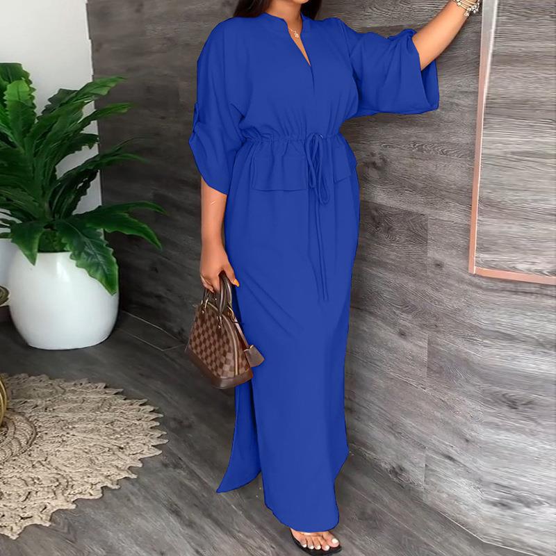 Women's Stand Collar Slit Solid Color Long Dress