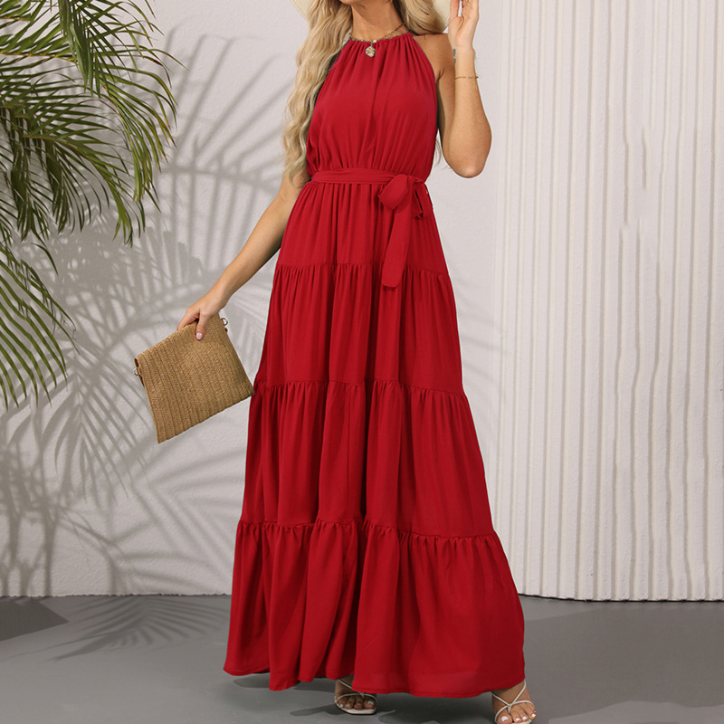 Women's Halter Neck Sleeveless High Waist Maxi Dress with Flowy Skirt