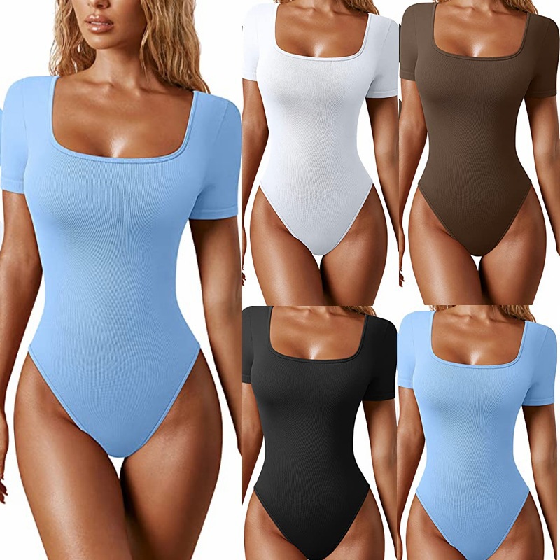 Ribbed Square Neck Short Sleeve Bodysuit