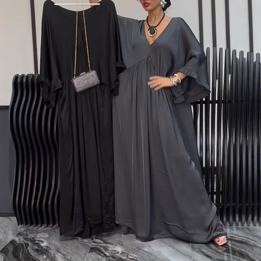 Solid V-Neck Long Sleeve Cinched Waist Loose Dress