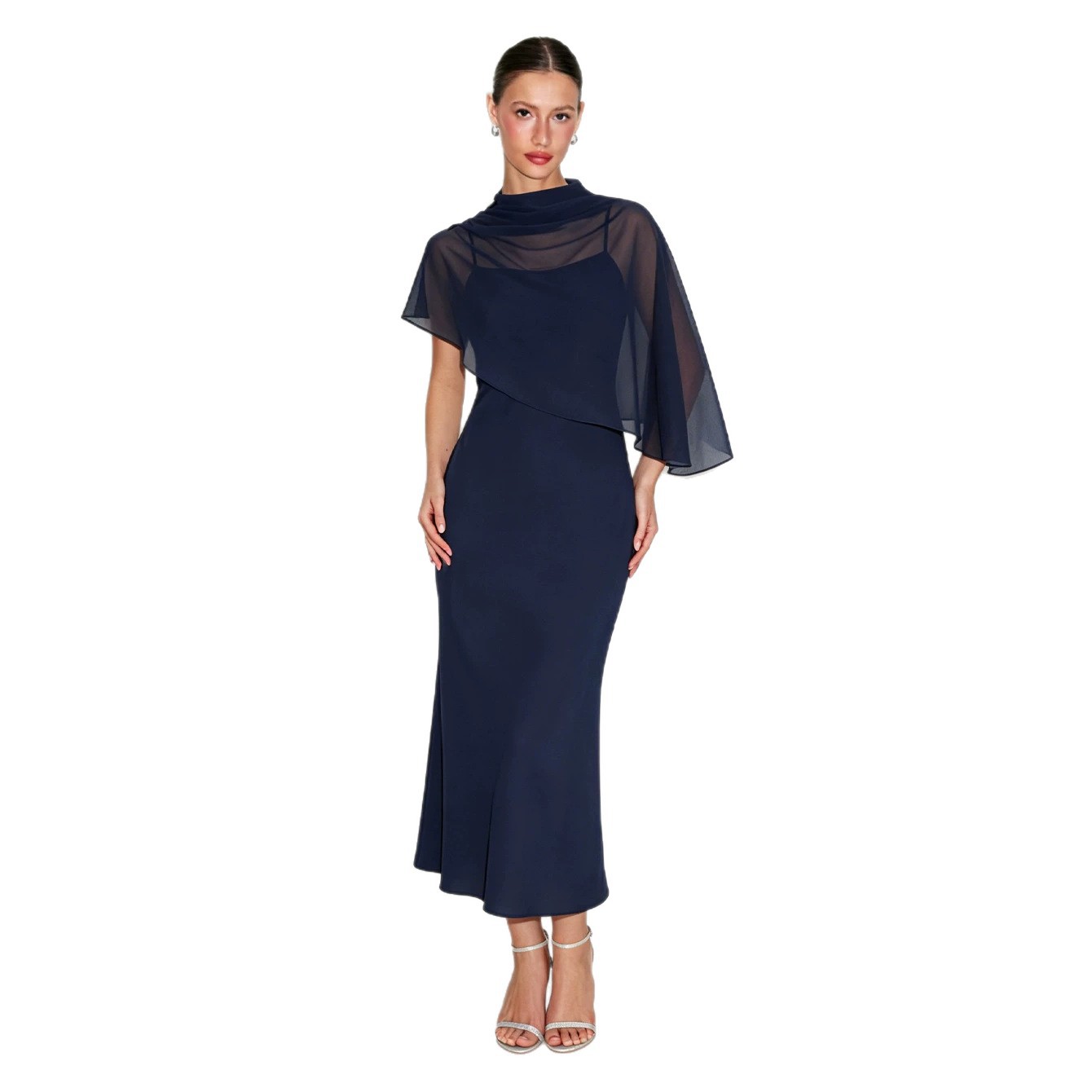 Light Luxury Cape-Style Chiffon Midi Dress Slimming Sleeveless