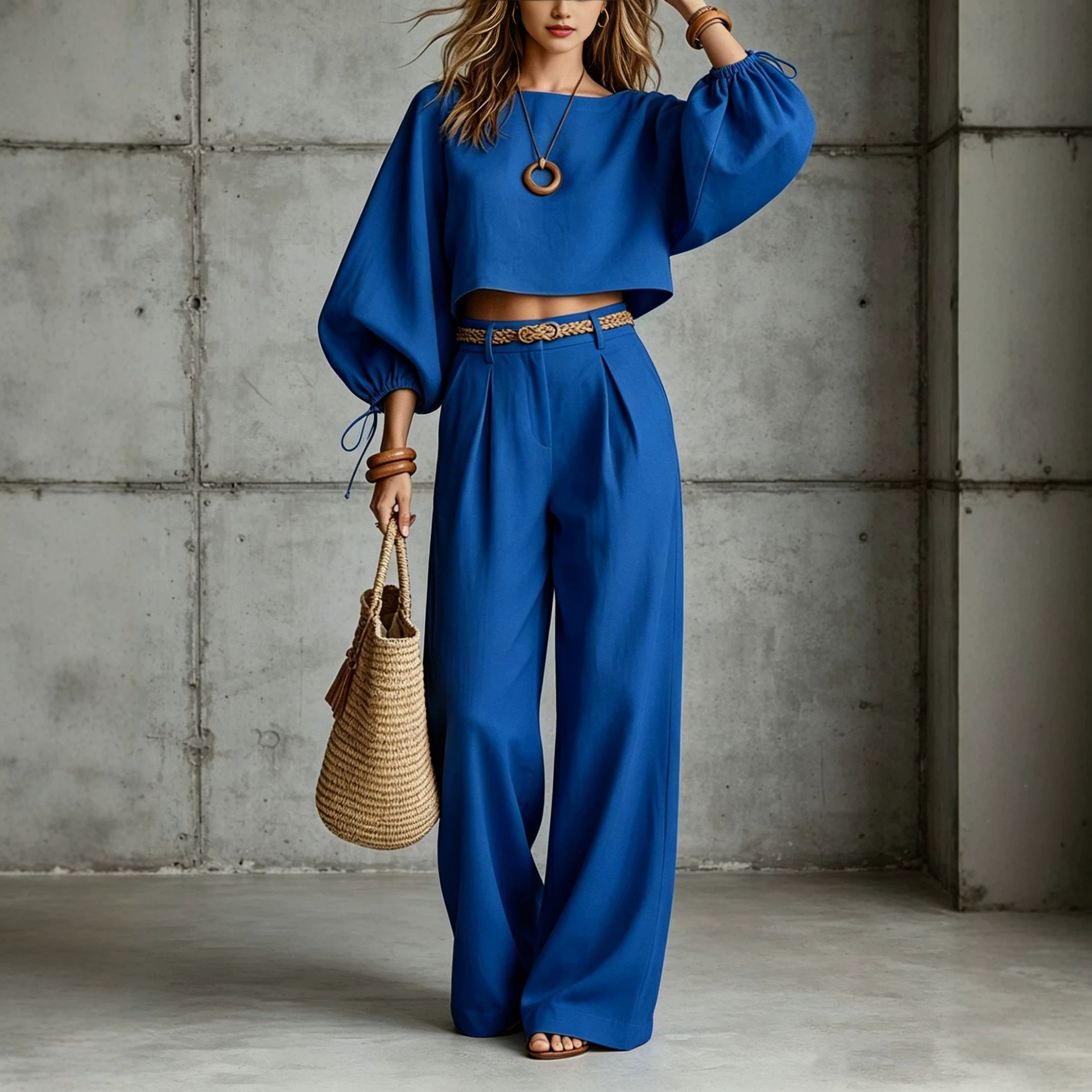 Solid Color Puff Sleeve Short Top and Casual Pants Two-Piece Set