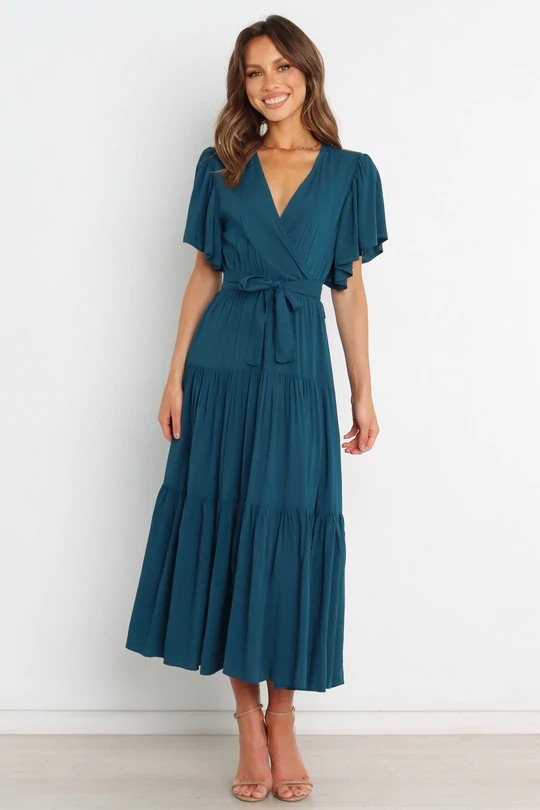 V-Neck Printed Short Sleeve High Waist A-Line Maxi Dress