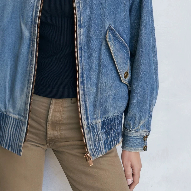 Retro Stand Collar Zip Washed Denim Blue Bomber Jacket