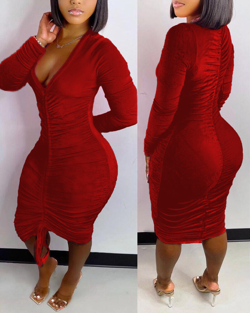 Women's Velvet Long Sleeve Ruched Bodycon Dress with Drawstring Round Neck
