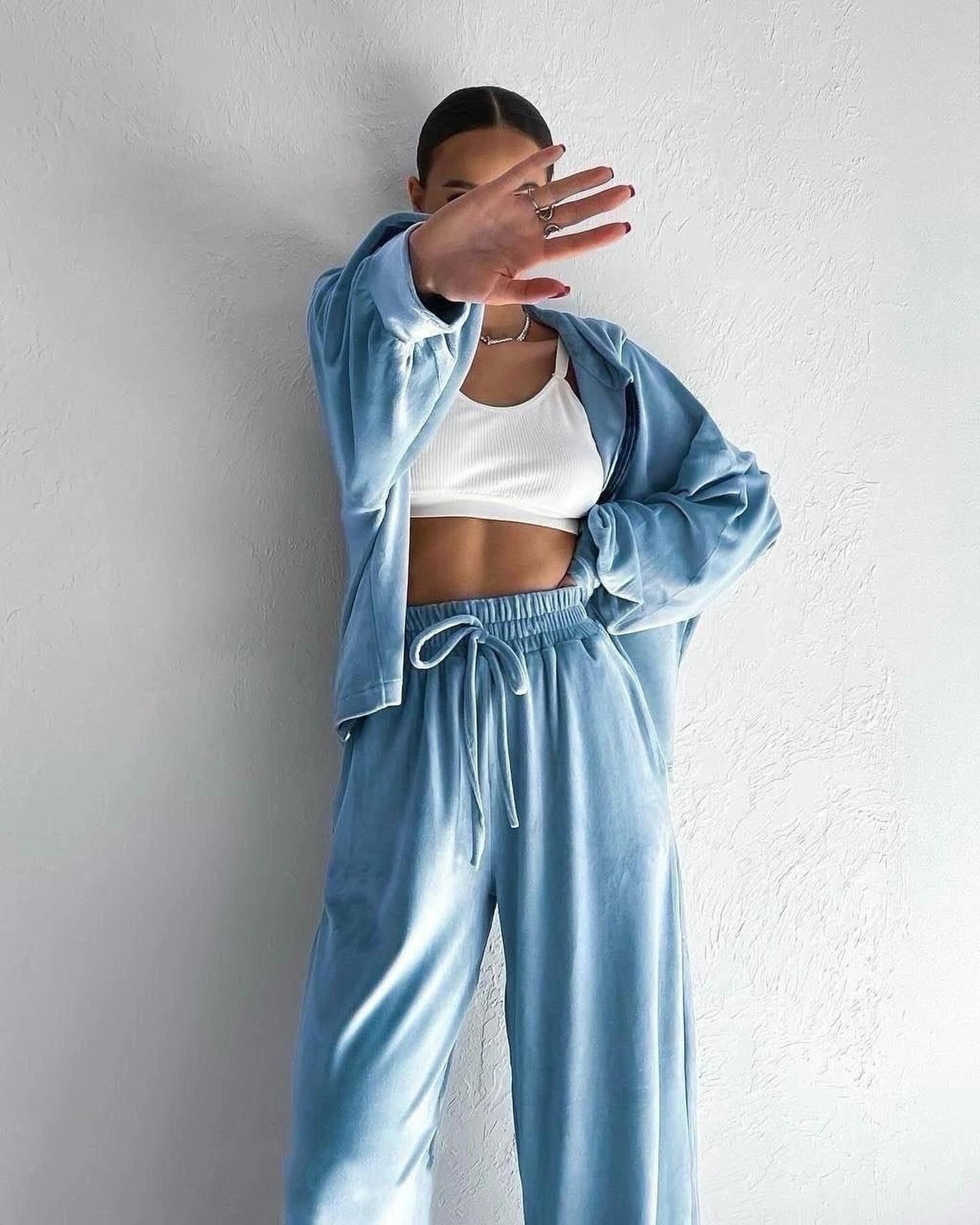 Women's Solid Color Hooded Zip Cardigan & Wide-Leg Pants Set