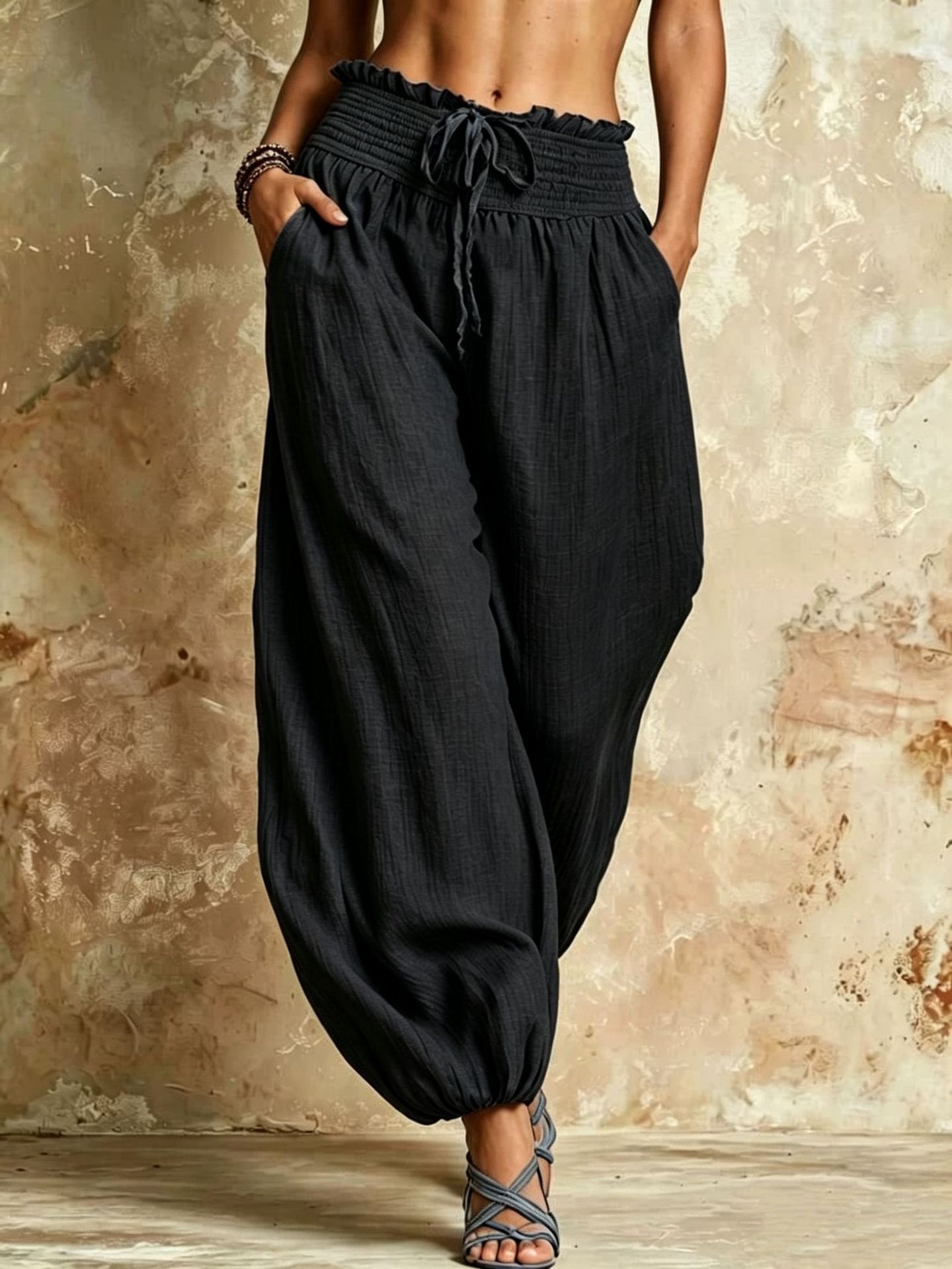 Solid Color High-Waist Straight-Leg Casual Pants