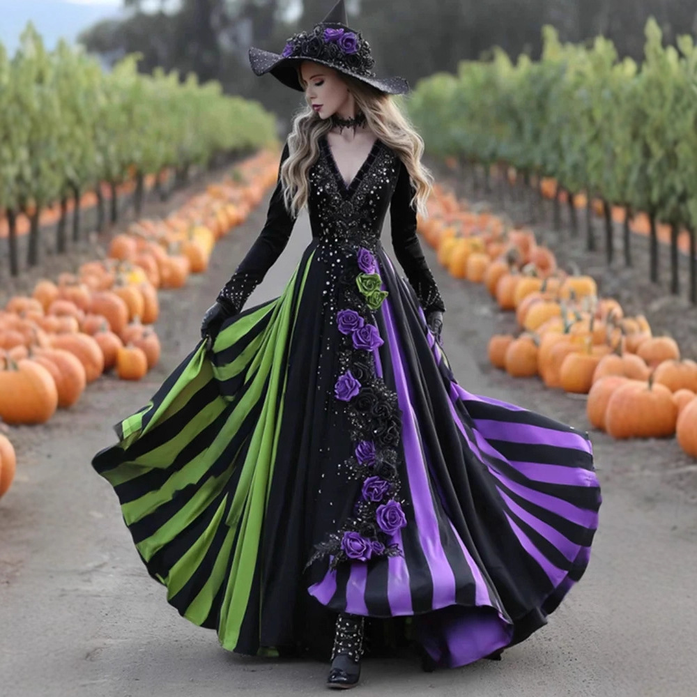 3D Digital Print V-Neck Long Sleeve Maxi Dress