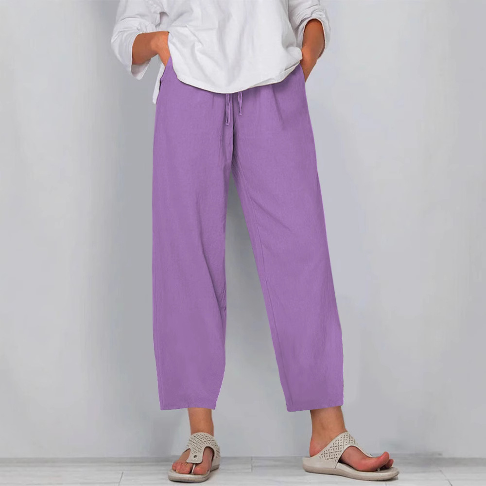 Women's Cotton-Linen Wide-Leg Pants with Elastic Waist Solid Color Casual Long Pants