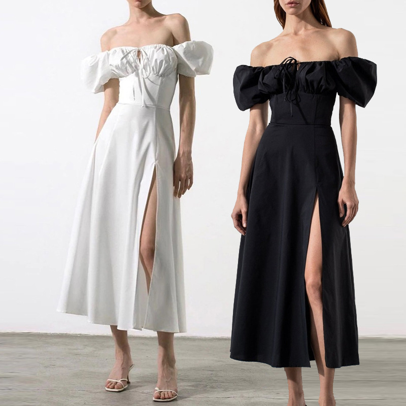 Elegant Solid Color Puff Sleeve Slit Dress for Commuting