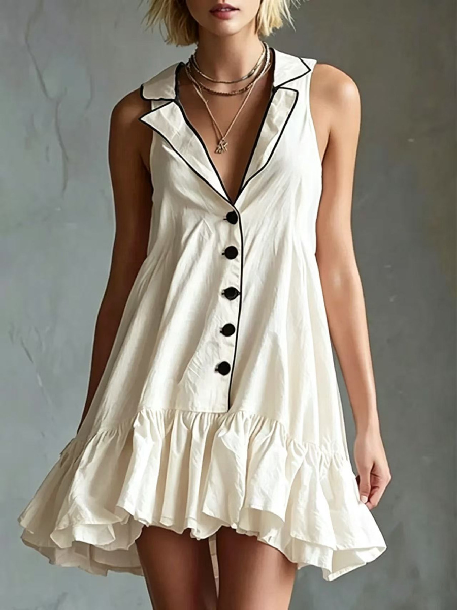 Solid Color Sleeveless Ruffle Dress with Collar and Buttons