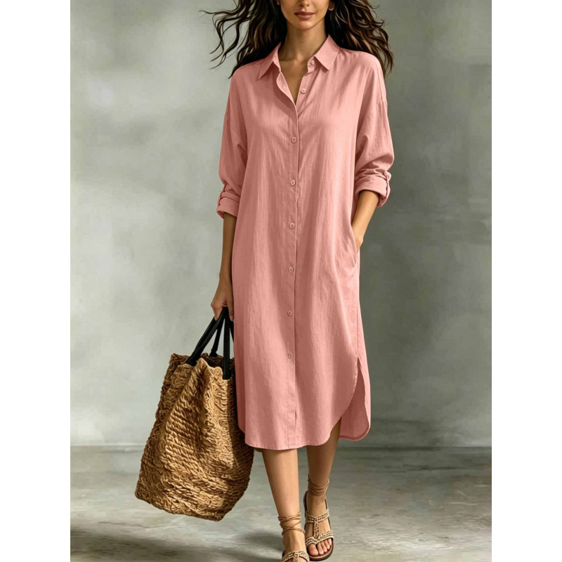 Women's Loose Cotton-Linen Shirt Dress with Pockets