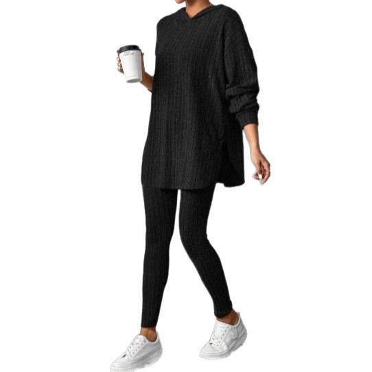 Women's Ribbed Knit Hooded Long Sleeve Lounge Set