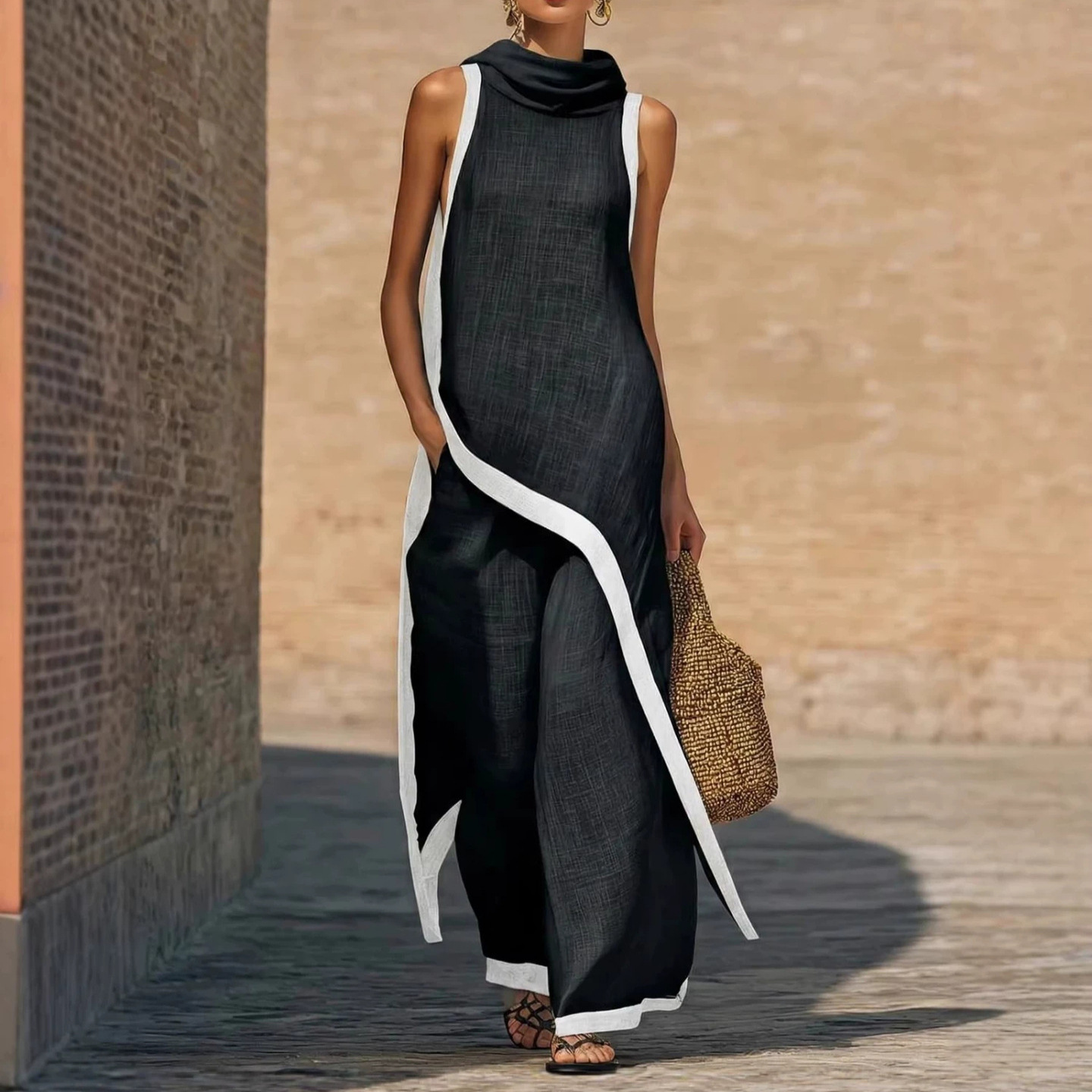 Women's Sleeveless Top and Wide-Leg Pants Two-Piece Set with Asymmetrical Details