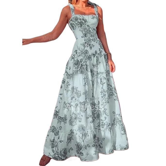 Women's Sleeveless Square Neck High Waist Floral Print Maxi Dress