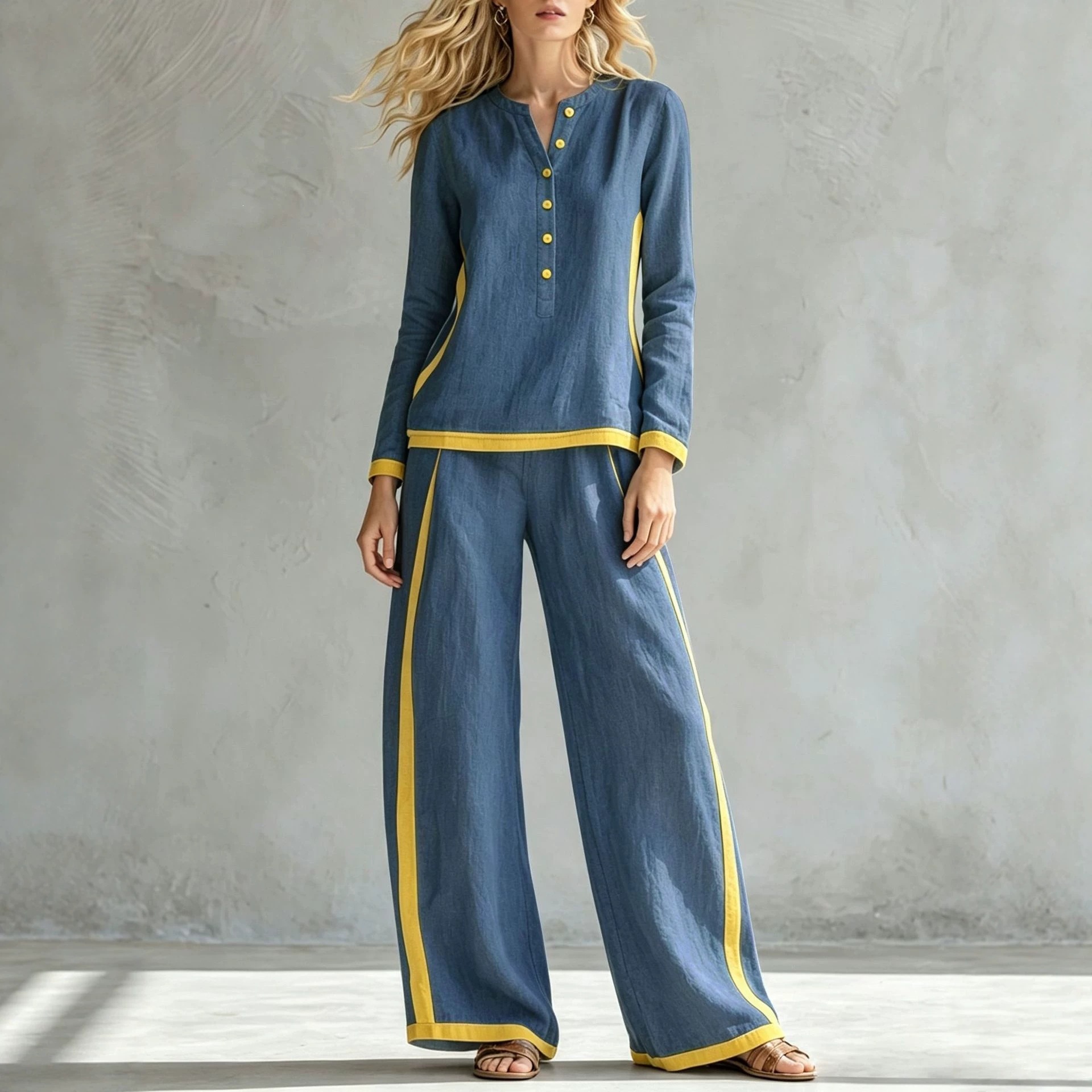 Women's Colorblock Buttoned Half Cardigan & Wide-Leg Pants Set